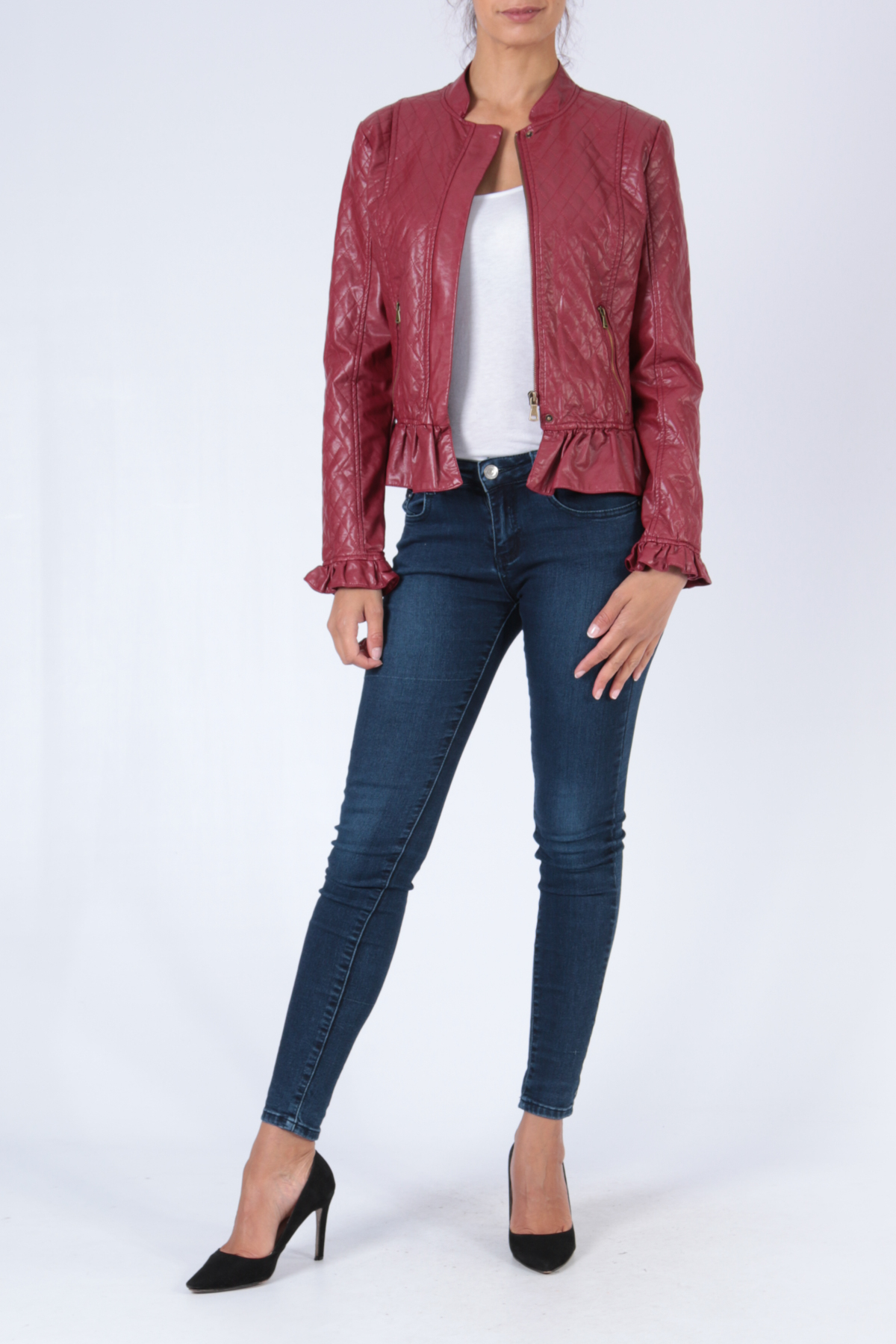 KA027 Meggybordó fodros derekú bőrdzseki - Image 2