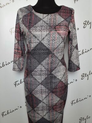 R103 Szürke  rózsaszín  kockás hosszú ujjú ruha