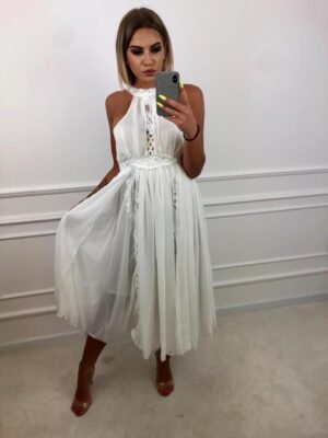 R157 Fehér csipkebetétes hosszú ruha