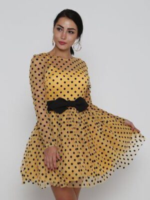 R184 Mustársárga tüll ruha fekete pötyökkel