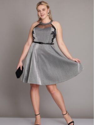 R165 Ezüst fekete csipkerátétes lurex ruha