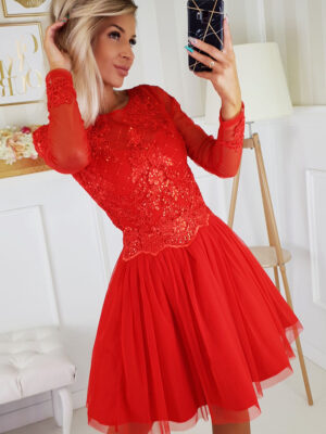 R215 Piros tüll hosszú ujjú ruha